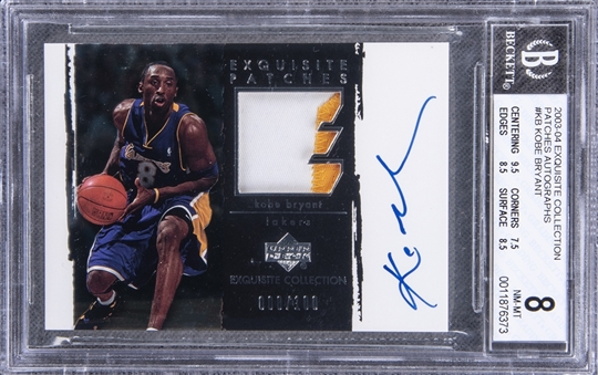 2003-04 UD "Exquisite Collection" Patches Autographs #KB Kobe Bryant Signed Game Used Patch Card (#008/100) – BGS NM-MT 8/BGS 10